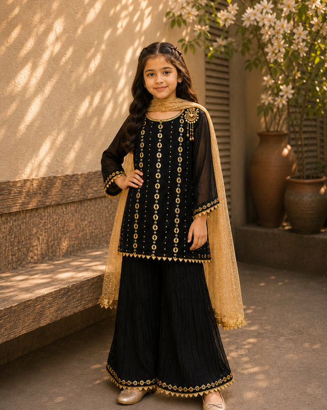 Girls 3 Piece Loose Flapper Suit – Black & Gold Festive Dress
