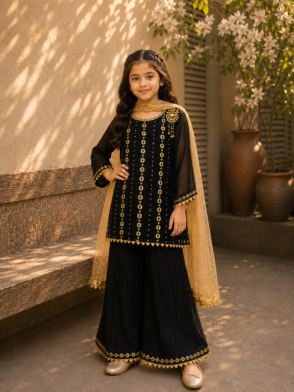 Girls 3 Piece Loose Flapper Suit – Black & Gold Festive Dress
