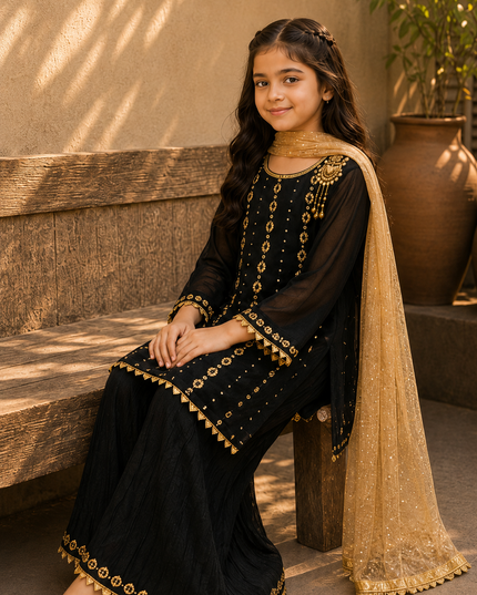 Girls 3 Piece Loose Flapper Suit – Black & Gold Festive Dress
