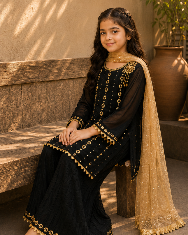 Girls 3 Piece Loose Flapper Suit – Black & Gold Festive Dress