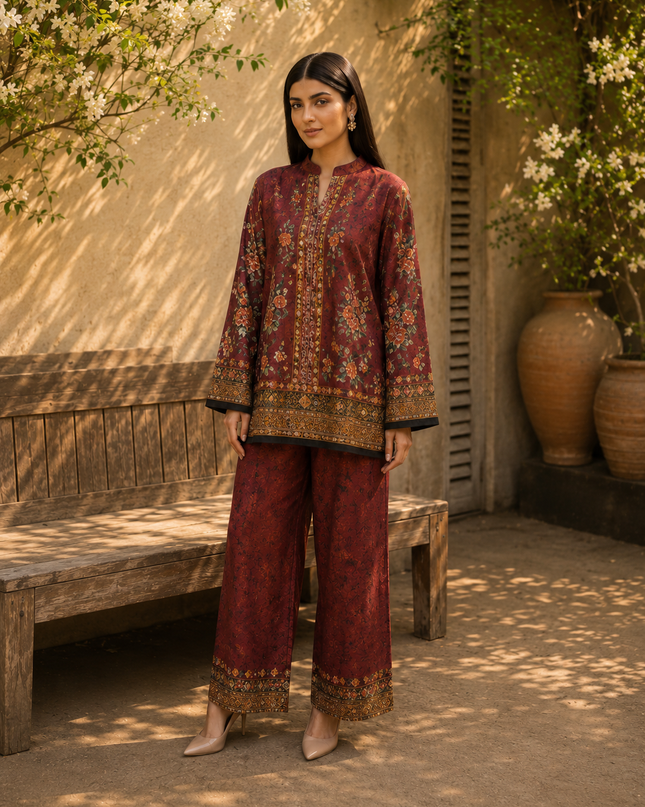 Women 2 Piece Maroon Printed Co-Ord Set – Wide-Leg Trouser Suit
