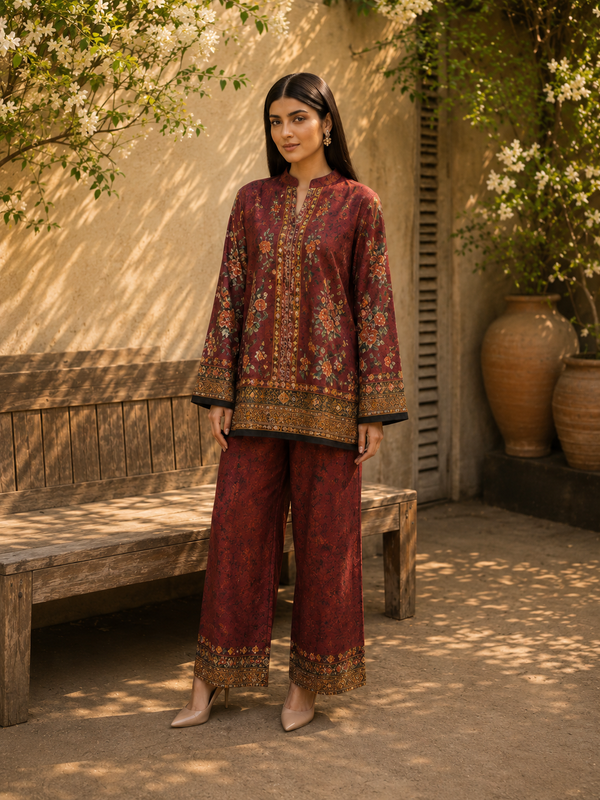 Women 2 Piece Maroon Printed Co-Ord Set – Wide-Leg Trouser Suit