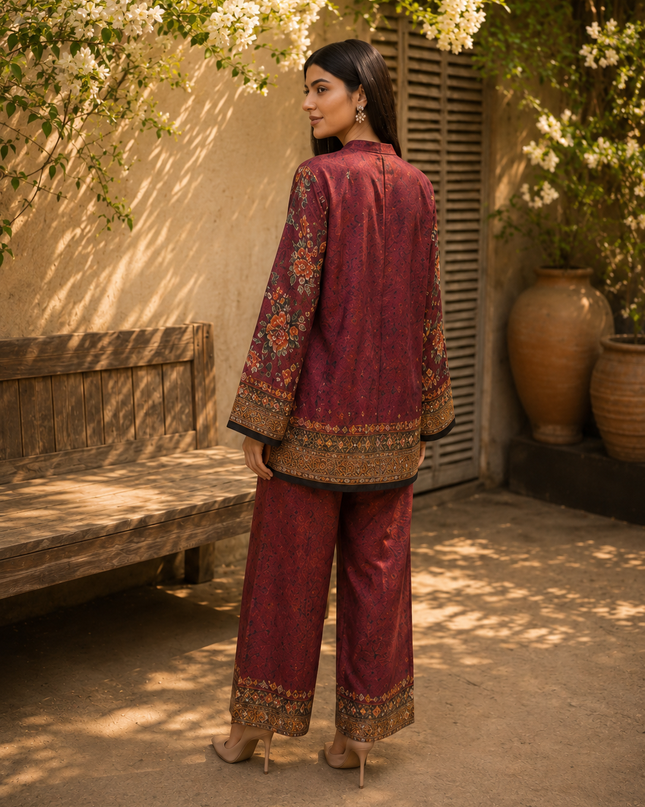 Women 2 Piece Maroon Printed Co-Ord Set – Wide-Leg Trouser Suit