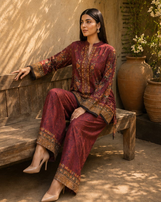 Women 2 Piece Maroon Printed Co-Ord Set – Wide-Leg Trouser Suit
