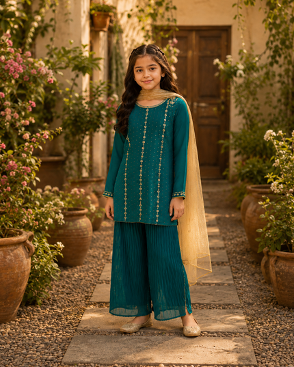 Girls 3 Piece Loose Flapper Suit – Teal Green & Gold Embroidered Festive Dress