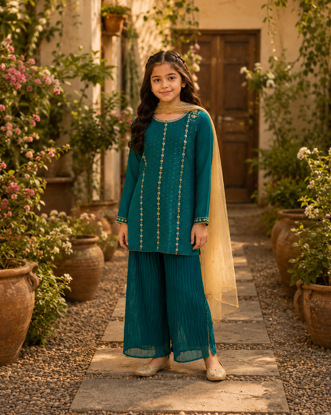 Girls 3 Piece Loose Flapper Suit – Teal Green & Gold Embroidered Festive Dress