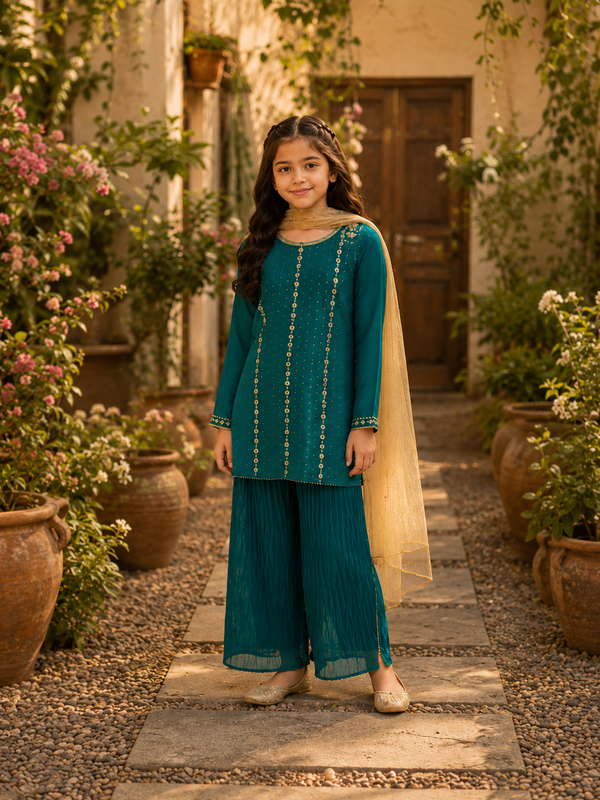 Girls 3 Piece Loose Flapper Suit – Teal Green & Gold Embroidered Festive Dress