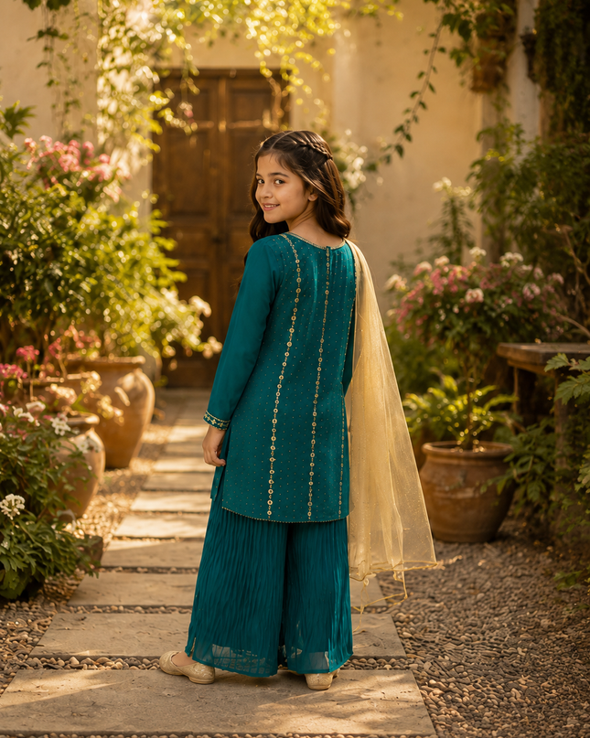Girls 3 Piece Loose Flapper Suit – Teal Green & Gold Embroidered Festive Dress