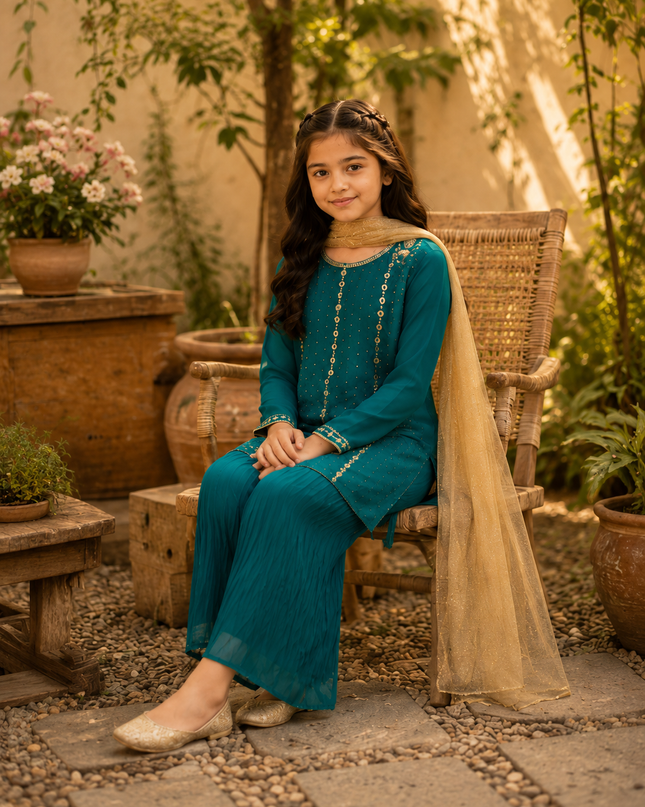 Girls 3 Piece Loose Flapper Suit – Teal Green & Gold Embroidered Festive Dress
