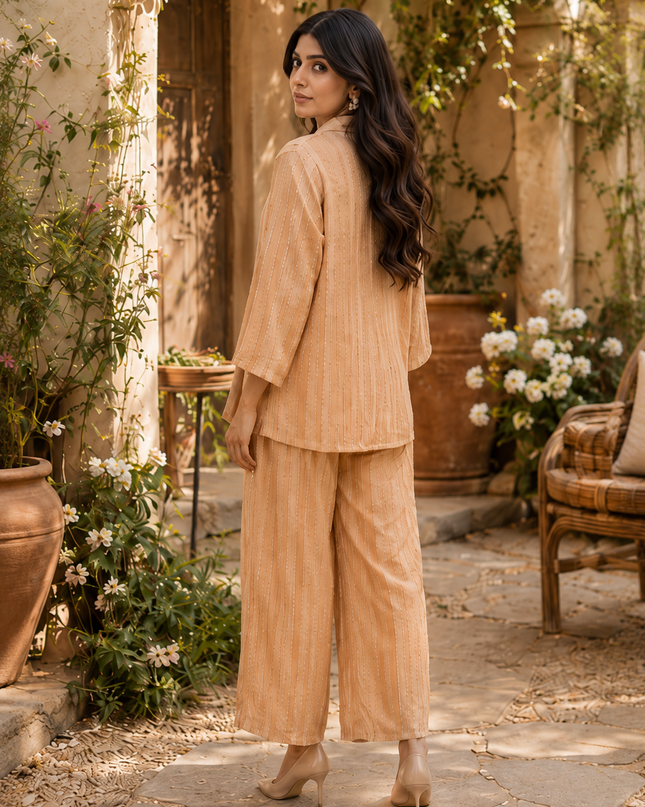 Women 3 Piece Imported Co-Ord Set – Peach Striped