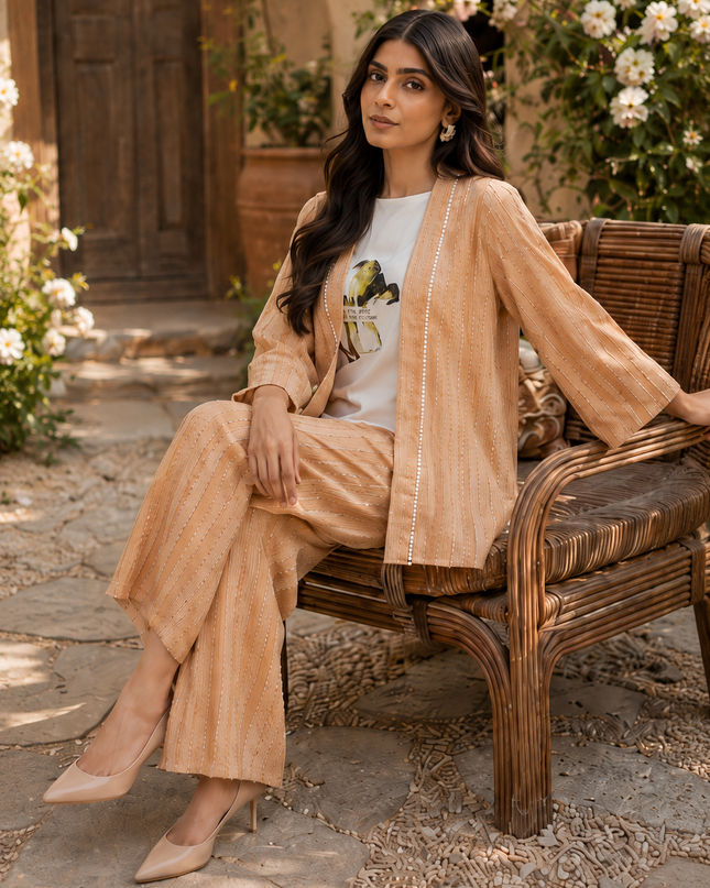 Women 3 Piece Imported Co-Ord Set – Peach Striped