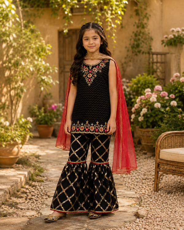 Girls 3 Piece Black Gharara Suit – Red Dupatta Festive Dress