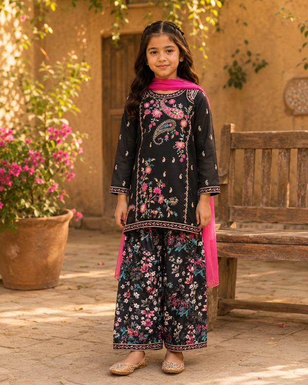 Premium Girls Black Embroidered 3-Piece Suit