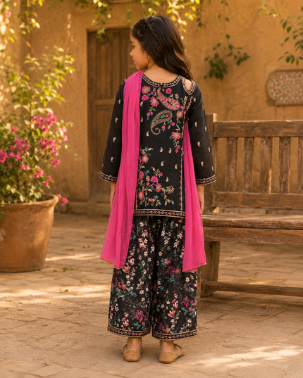 Premium Girls Black Embroidered 3-Piece Suit