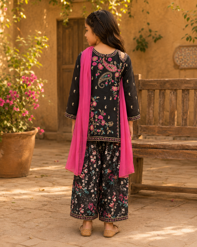 Premium Girls Black Embroidered 3-Piece Suit