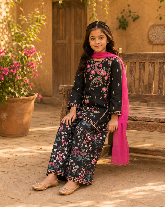 Premium Girls Black Embroidered 3-Piece Suit