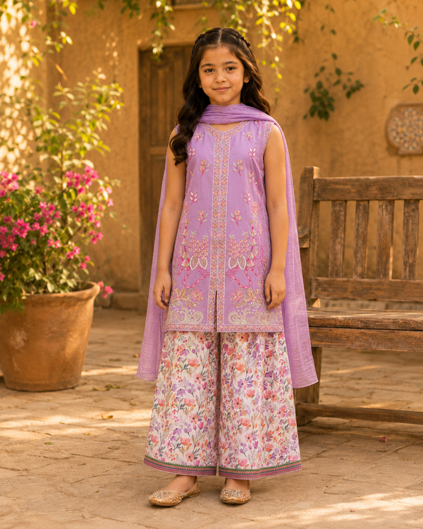 Premium Girls Lilac Embroidered 3-Piece Sharara Suit