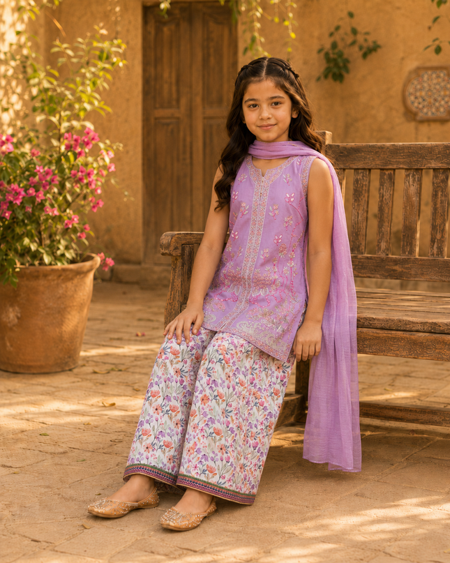 Premium Girls Lilac Embroidered 3-Piece Sharara Suit