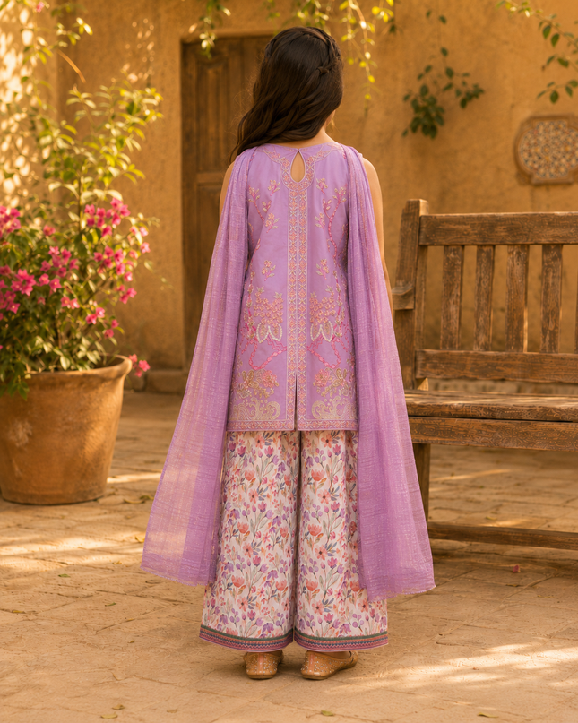 Premium Girls Lilac Embroidered 3-Piece Sharara Suit