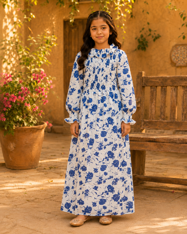Girls Blue & White Floral Smocked Maxi Dress