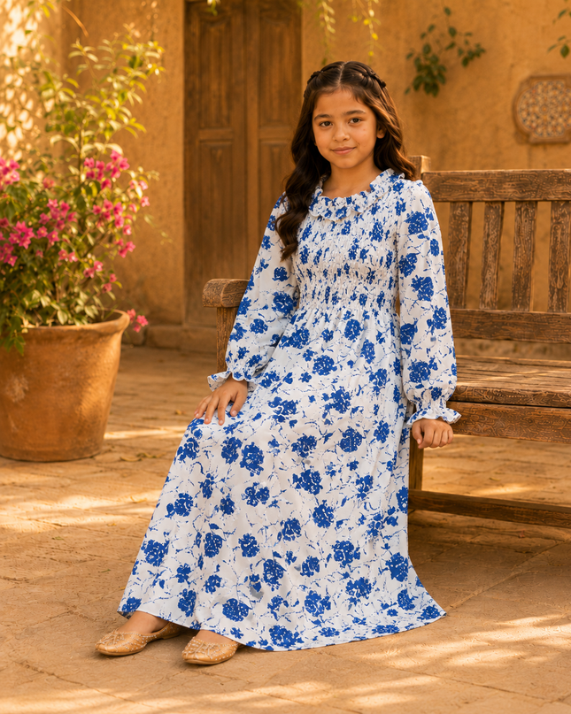 Girls Blue & White Floral Smocked Maxi Dress