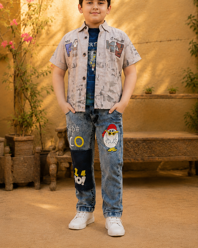 Boys Trendy 3-Piece Casual Denim & Shirt Set