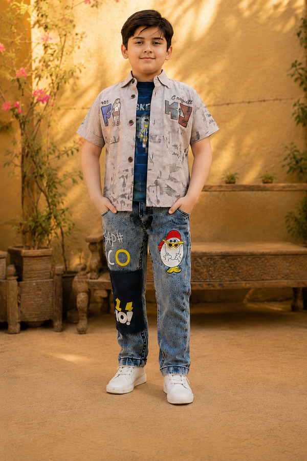 Boys Trendy 3-Piece Casual Denim & Shirt Set