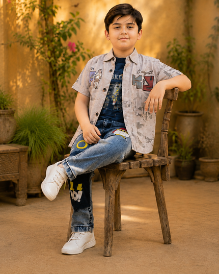 Boys Trendy 3-Piece Casual Denim & Shirt Set
