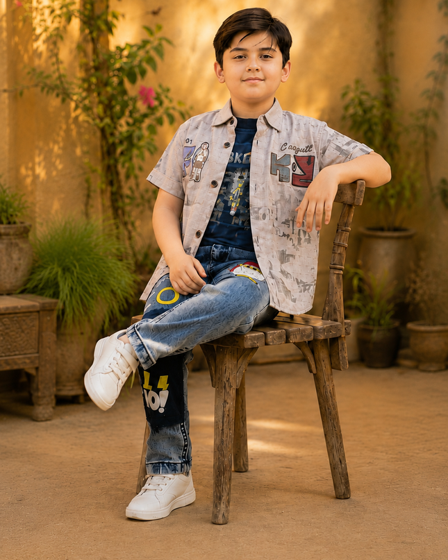 Boys Trendy 3-Piece Casual Denim & Shirt Set