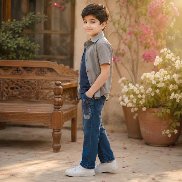 Boys Button-Down Shirt with Denim Jeans Set