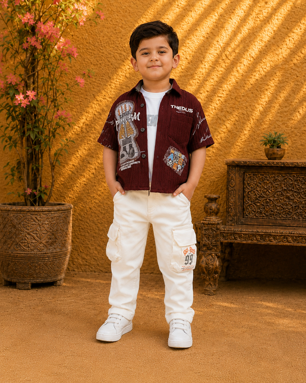 Maroon casual outfit with white cargo for boys