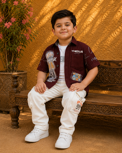Maroon casual outfit with white cargo for boys