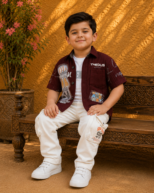 Maroon casual outfit with white cargo for boys