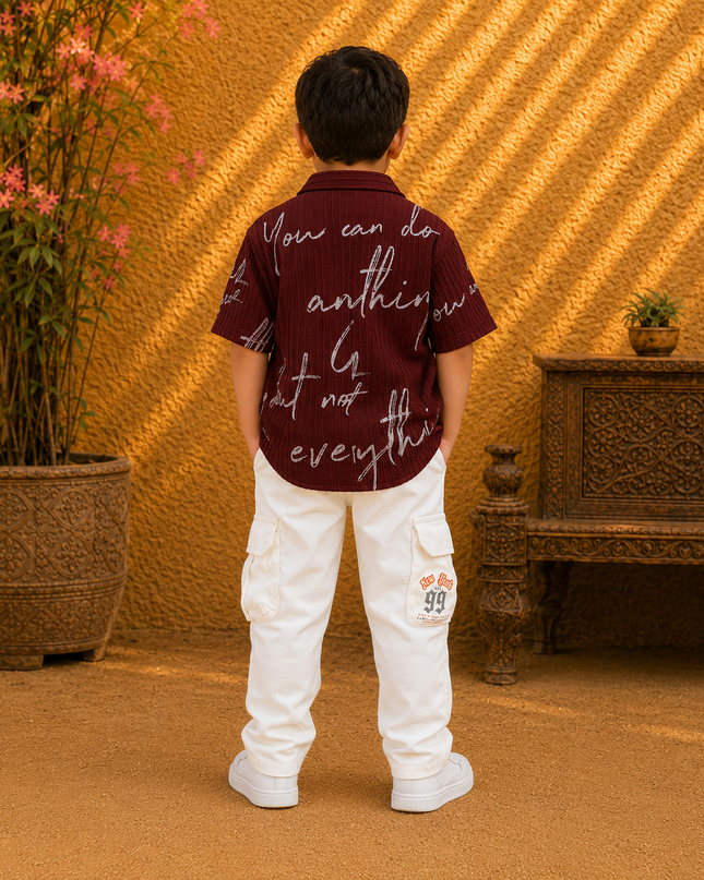 Maroon casual outfit with white cargo for boys