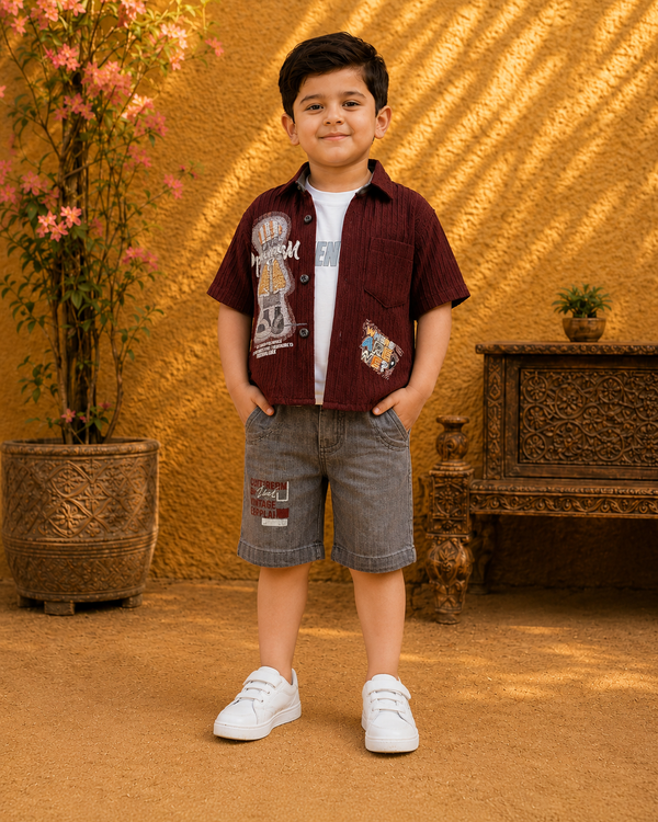 3 pcs open maroon casual summer outfit for boys