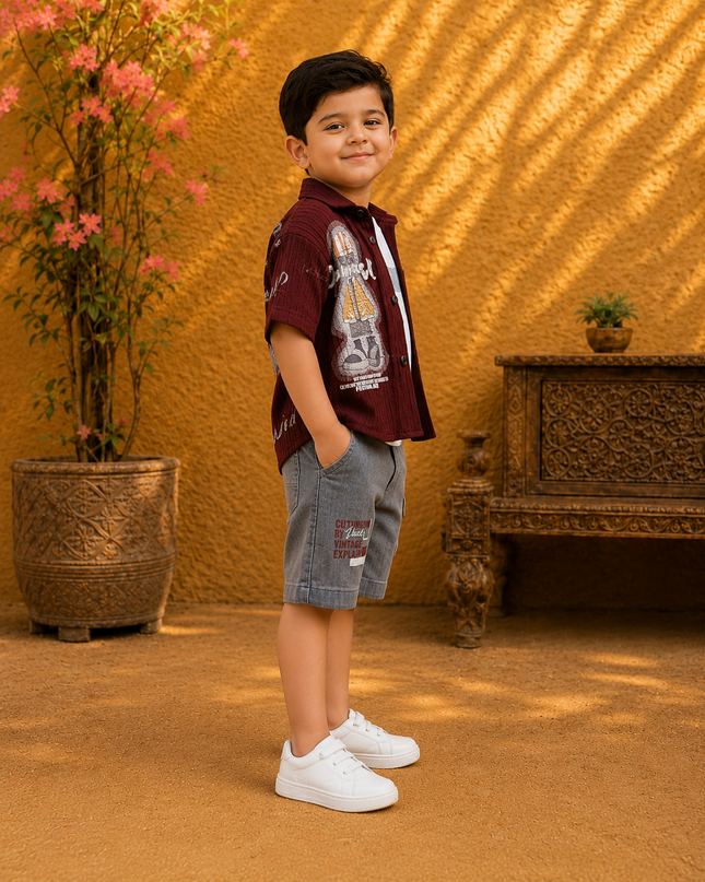 3 pcs open maroon casual summer outfit for boys