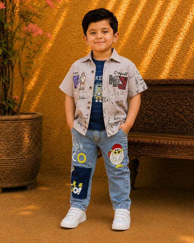 Boys 2-Piece Printed Shirt with Denim Jeans Set