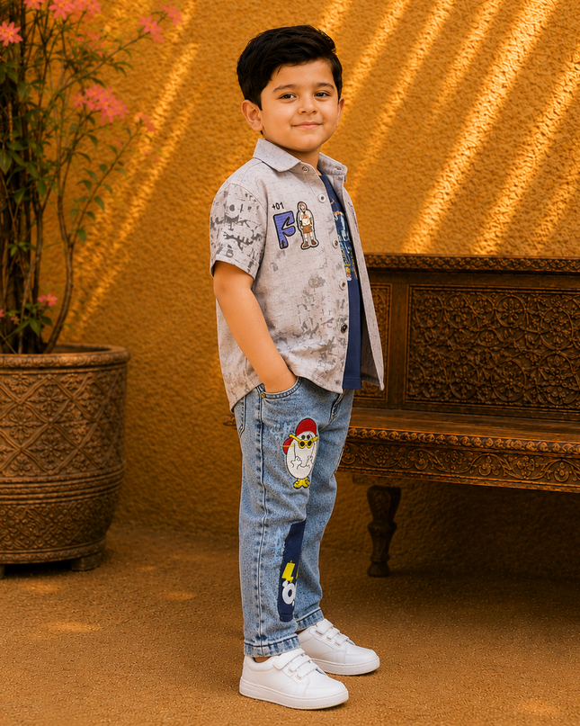Boys 2-Piece Printed Shirt with Denim Jeans Set