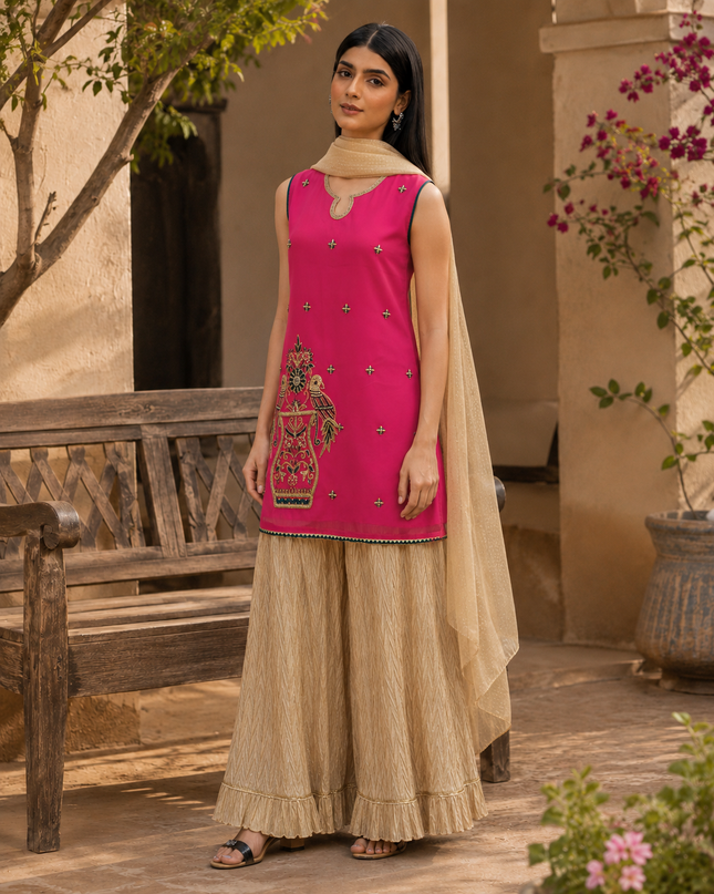 Hot Pink Embroidered Gharara 3-Piece Sharara