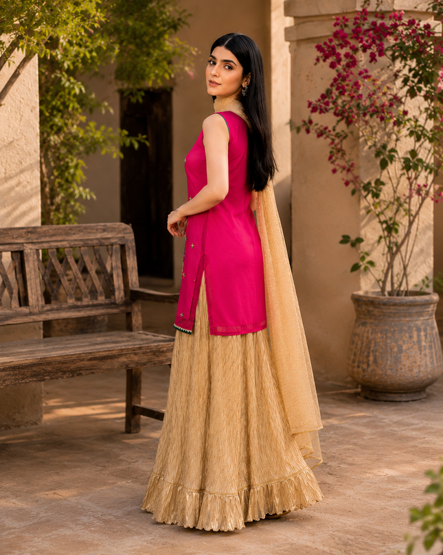 Hot Pink Embroidered Gharara 3-Piece Sharara