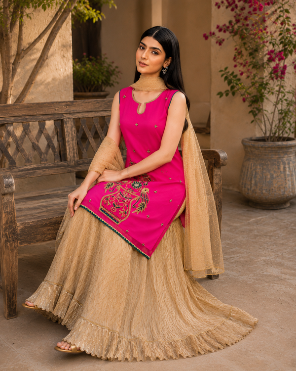 Hot Pink Embroidered Gharara 3-Piece Sharara