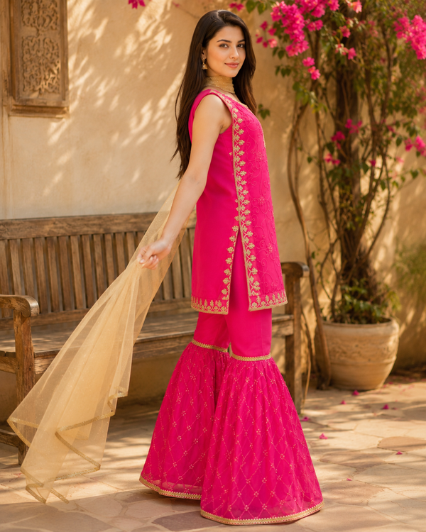 Hot Pink Embroidered Gharara 3-Piece Dress