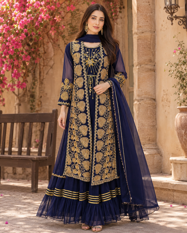Navy Blue Embroidered Formal 3-Piece Dress