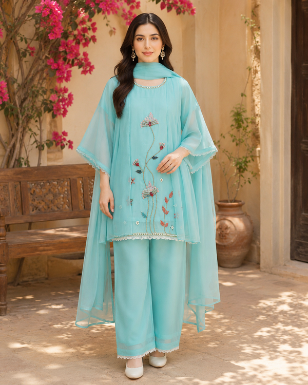 Sky Blue Embroidered 3-Piece Dress