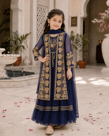 Navy Blue Embroidered Formal 3-Piece Dress