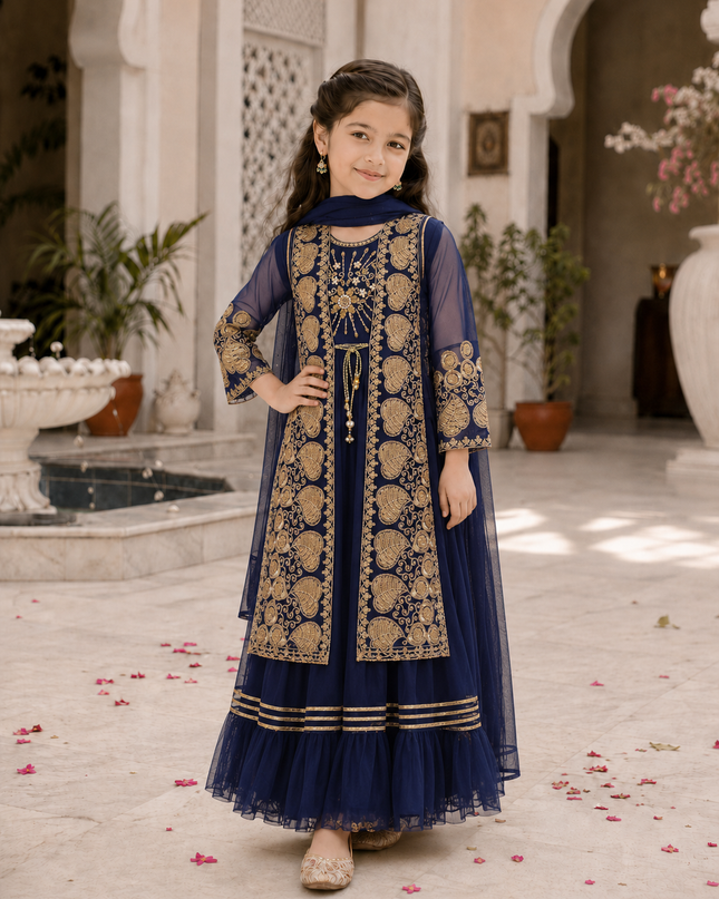 Navy Blue Embroidered Formal 3-Piece Dress