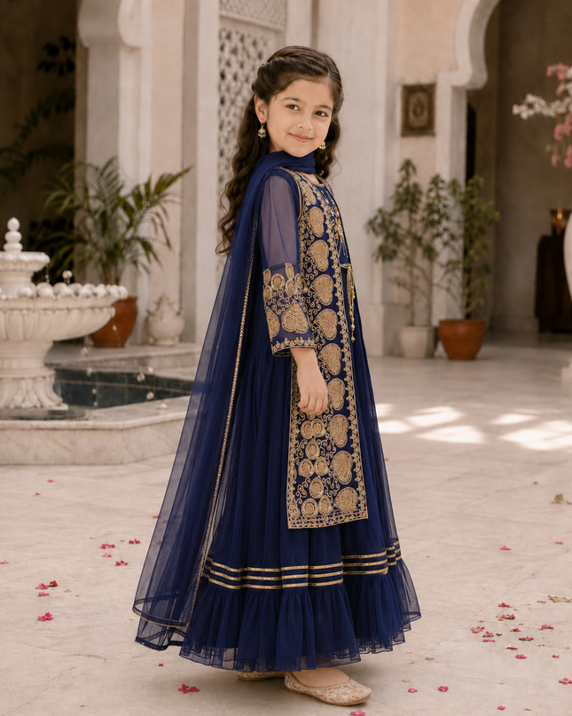Navy Blue Embroidered Formal 3-Piece Dress