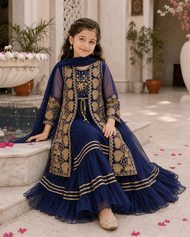 Navy Blue Embroidered Formal 3-Piece Dress
