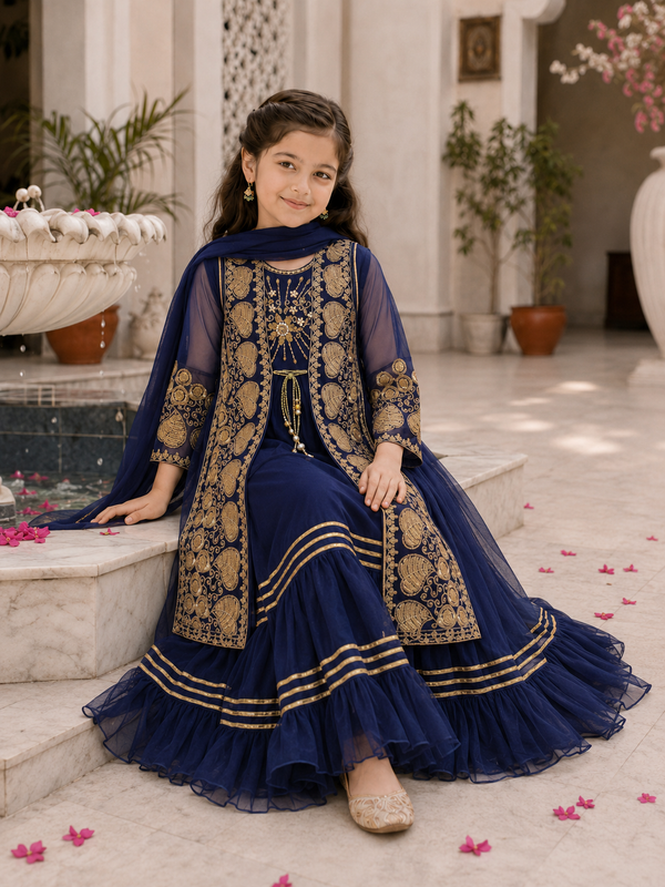 Navy Blue Embroidered Formal 3-Piece Dress
