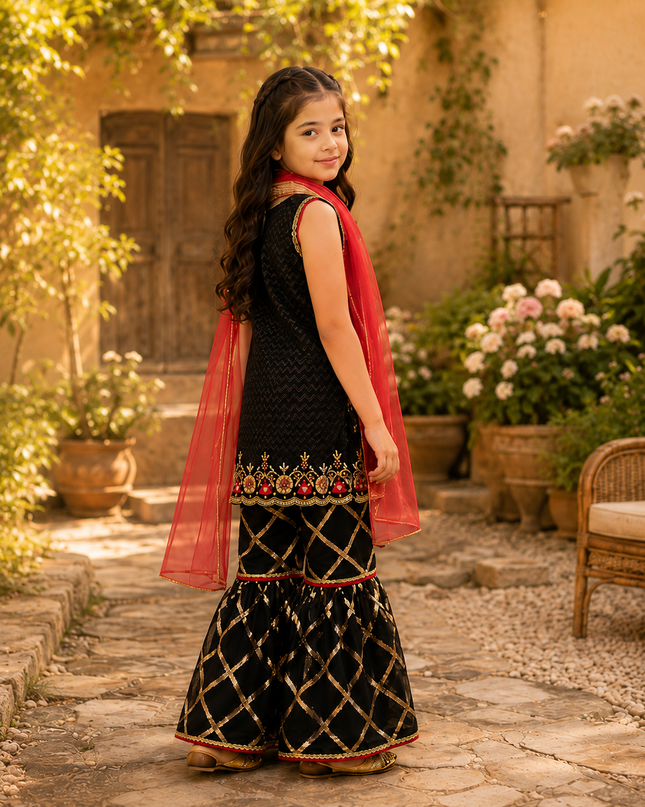 Girls 3 Piece Black Gharara Suit – Red Dupatta Festive Dress